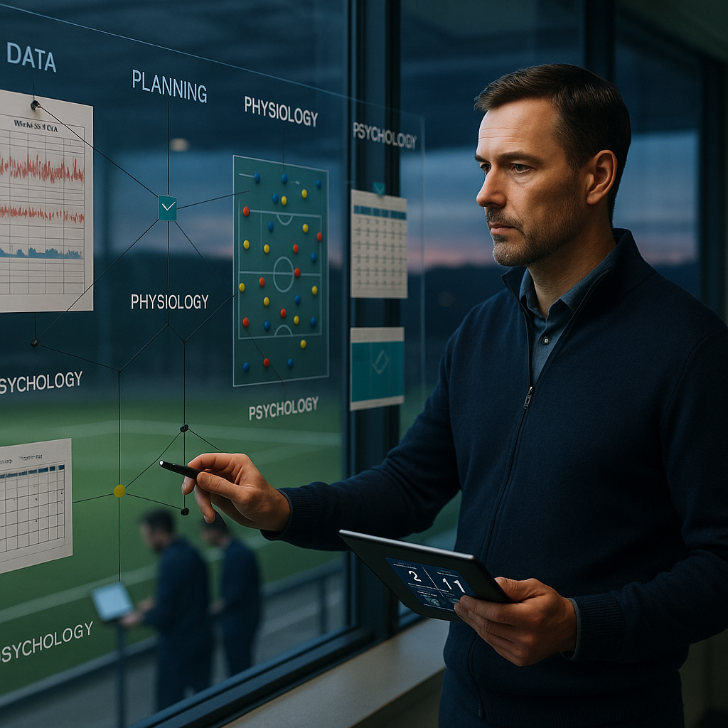 Coach in an analysis room linking data, planning, physiology, and psychology on a glass