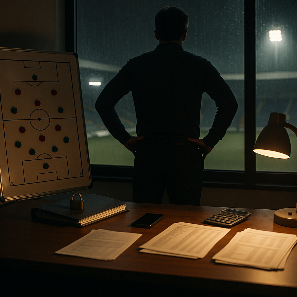 Moody nighttime photo of a football club office: a tense coach in silhouette faces