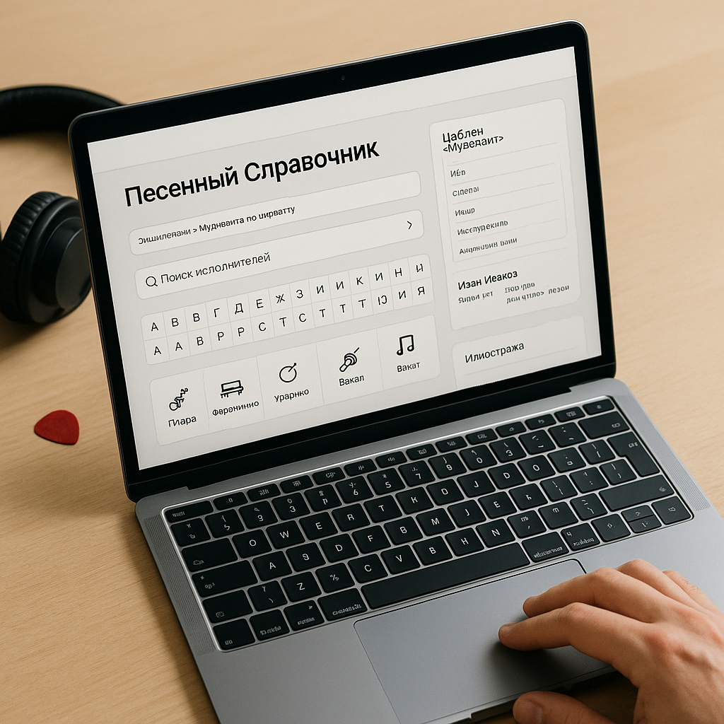Ноутбук на столе с русскоязычной страницей Музыканты по алфавиту: поиск, буквы А–Я, шаблон Музыкант